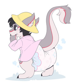 ambiguous_gender anthro blush blush_lines brown_claws brown_hair brown_sclera claws clean_diaper clothed clothing cloud_emanata coat diaper diaper_puff emanata finger_claws fur grey_body grey_fur grey_tail hair hand_in_mouth hat headgear headwear looking_back multicolored_body multicolored_fur multicolored_tail pink_clothing pink_coat pink_topwear raincoat red_body red_fur simple_background snaggle_tooth solo standing tail tail_tuft tan_body tan_fur tan_tail toe_claws topwear tuft wearing_diaper white_background yellow_clothing yellow_hat yellow_headwear bubblepuppers cryo_lithius sergal full-length_portrait portrait