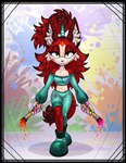 anthro big_ears black_border boots border brush clothed clothing eyelashes eyeshadow female footwear fur hair inner_ear_fluff leggings legwear long_hair makeup paintbrush paints ponytail red_body red_fur red_hair shoes simple_background solo sweater topwear tuft yellow_eyes skeletalheart sega sonic_the_hedgehog_(series) fan_character canid canine canis jackal mammal