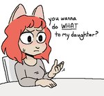 anthro blush chair clothed clothing dialogue female furniture hair mature_female question red_hair simple_background sitting solo table text white_background myrant domestic_cat felid feline felis mammal english_text low_res mother_(lore) parent_(lore)