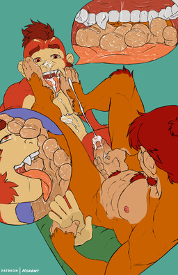 5_toes anthro bodily_fluids body_hair close-up cum cum_in_mouth cum_inside cumshot cumshot_in_mouth cumshot_on_face duo ejaculation eye_roll fangs feet foot_fetish foot_lick foot_on_mouth fur genital_fluids genitals hair happy_trail humanoid_feet humanoid_genitalia humanoid_penis licking male male/male masturbation nipples orange_body orange_fur penis plantigrade red_body red_fur red_hair saliva simple_background teeth toes tongue delicatessen gusho noke_(delicatessen) haplorhine mammal monkey primate absurd_res hi_res