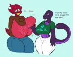 anthro big_breasts breasts clothed clothing duo female grope huge_breasts hyper hyper_breasts mature_anthro mature_female non-mammal_breasts text thick_thighs wide_hips dinobust lucille_(dinobust) tyler_(dinobust) avian bird marine mosasaur prehistoric_species reptile scalie tylosaurus 2017 digital_media_(artwork) english_text