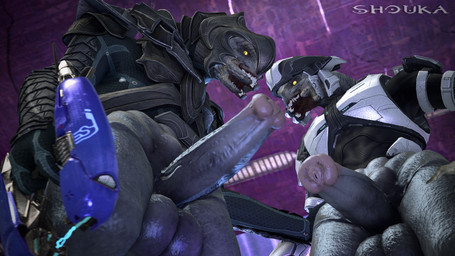 4_fingers armor balls big_balls big_penis biped ceiling clothed clothing detailed_skin duo erection fingers first_person_view genitals grey_balls grey_body grey_penis gun half-erect hand_on_another's_hip hand_on_hip inside looking_at_viewer low-angle_view male male/male mandibles on_model pantsless partially_clothed penis pupils ranged_weapon silver_(metal) silver_armor spacecraft teeth vehicle weapon white_armor yellow_eyes yellow_sclera shoukaart halo_(series) microsoft xbox_game_studios arbiter_(halo) rtas_'vadum thel_'vadam alien sangheili 3d_(artwork) absurd_res detailed digital_media_(artwork) hi_res source_filmmaker_(artwork) watermark