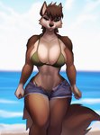 abs amber_eyes anthro athletic athletic_female bangs beach big_breasts bikini bikini_top black_nose blue_bottomwear blue_clothing blue_shorts bottomwear breasts broad_shoulders brown_body brown_fur brown_hair clothing countershade_face countershade_neck countershade_torso countershading denim denim_bottomwear denim_clothing denim_shorts female fur gloves_(marking) green_bikini green_clothing green_swimwear hair hotpants markings navel shorts solo string_bikini swimwear swimwear_under_clothing tan_body tan_countershading tan_fur thick_thighs triangle_bikini two-piece_swimsuit aozee sierra_howlett canid canine canis mammal wolf 2024 hi_res