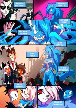 anthro blood blood_on_face bodily_fluids book clenched_teeth female group hug male melee_weapon ranged_weapon shuriken teeth text venom weapon kato777 hellaverse helluva_boss marvel mythology blitzo_(helluva_boss) loona_(helluva_boss) millie_(helluva_boss) moxxie_(helluva_boss) she-venom venom_(marvel) canid canid_demon canine demon hellhound imp mammal mythological_canine mythological_creature symbiote absurd_res comic crossover english_text hi_res