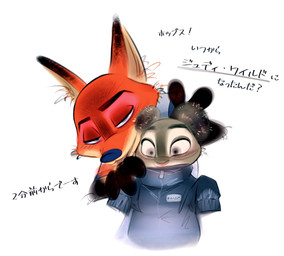 anthro anthro_on_anthro clothed clothing duo female fur grey_body grey_fur interspecies jacket male male/female multicolored_body multicolored_fur orange_body orange_fur simple_background tan_body tan_fur text topwear white_background nibkman0304 disney zootopia judy_hopps nick_wilde canid canine european_rabbit fox lagomorph leporid mammal oryctolagus rabbit red_fox true_fox hi_res japanese_text translation_request