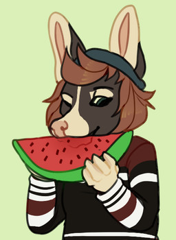 anthro black_clothing black_topwear blue_clothing blue_hat blue_headwear brown_body brown_clothing brown_hair brown_topwear clothed clothing eating female food front_view fruit green_background green_eyes hair hat headgear headwear holding_food holding_fruit holding_melon holding_object holding_watermelon melon plant simple_background solo tan_body topwear watermelon white_clothing white_topwear roobin canid mammal half-length_portrait portrait