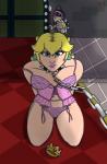 bound chain chained clothing collar crown duo ear_piercing female female_focus headgear human_focus kneeling lingerie not_furry_focus piercing solo_focus throne_room conditional_dnp grinn3r mario_bros nintendo princess_peach human koopa koopa_troopa koopatrol mammal reptile scalie