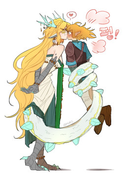 alternate_form animal_ears antlers big_tail biped blonde_eyebrows blonde_eyelashes blonde_hair blue_eyes blush blush_lines blushing_profusely carrying_another carrying_partner claws clothed clothed_female clothed_humanoid clothed_male clothing countershade_tail countershading crystal duo ear_piercing ear_ring eyebrows eyelashes eyes_closed female female_humanoid grey_body grey_scales hair heart_symbol holding_partner horn humanoidized kiss_on_lips kissing long_hair long_tail male male/female male_humanoid piercing pointy_ears ring_piercing scales side_view simple_background size_difference speech_bubble tail tail_coil tan_body tan_skin teal_claws text white_background white_body white_scales vvmorivv mythology nintendo tears_of_the_kingdom the_legend_of_zelda light_dragon_(totk) link princess_zelda animal_humanoid dragon dragon_humanoid humanoid hybrid hylian mythological_creature mythological_scalie scalie wingless_dragon 2026 absurd_res digital_media_(artwork) full-length_portrait hi_res korean_text portrait signature
