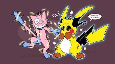 after_transformation blue_body blue_collar blue_fur cheek_spots collar dialogue duo electrocuted fur implied_transformation pink_body pink_fur poof_transformation speech_bubble text transformation yellow_body yellow_fur trevor-fox nintendo pokemon pokemon_legends_z-a aoi_(wuppy245) generation_1_pokemon generation_9_pokemon legendary_pokemon mega_evolution mega_raichu mega_raichu_x mew_(pokemon) pokemon_(species) 16:9 english_text hi_res widescreen