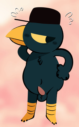 anthro balls beak chest_tuft clothing eye_bags flustered genitals gradient_background green_body hand_on_head hand_on_hip hat headgear headwear looking_away male on_model penis simple_background solo tapering_penis tuft yellow_beak salamikii night_in_the_woods germ_warfare_(nitw) avian bird absurd_res hi_res shaded