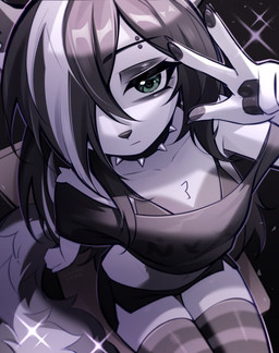 1_eye anthro biped black_clothing black_hair bottomwear clothed clothed_anthro clothed_female clothing collar crop_top eye_bags eyebrow_piercing facial_piercing female fluffy fluffy_tail fully_clothed fully_clothed_anthro fully_clothed_female fur gesture grey_body grey_eyes grey_fur grey_hair hair hair_over_eye hand_gesture hotpants legwear long_hair long_tail looking_at_viewer multicolored_hair navel piercing shirt shorts simple_background sitting solo spiked_collar spikes tail thigh_gap thigh_highs topwear two_tone_hair v_sign siwiko michelle_(yabeweny) mammal mephitid skunk 2026 absurd_res digital_media_(artwork) hi_res