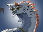 ambiguous_form ambiguous_gender fur glistening glistening_eyes grey_body grey_fur looking_at_viewer markings open_mouth orange_markings red_eyes simple_background solo white_body white_fur imperatorcaesar mythology dragon furred_dragon furred_scalie mythological_creature mythological_scalie scalie