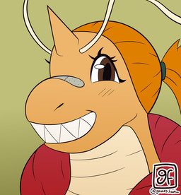 anthro bandage blush blush_lines brown_eyes clothing eyelashes fangs hair horn looking_at_viewer multicolored_body orange_body orange_hair red_clothing solo teeth two_tone_body white_body gamesfan mythology nintendo pokemon dragon dragonite generation_1_pokemon mythological_creature mythological_scalie pokemon_(species) scalie absurd_res hi_res icon signature
