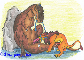balls bodily_fluids bridle cum cum_in_mouth cum_inside cum_on_tail dominant dominant_male duo erection feral forced forced_oral genital_fluids genitals green_eyes larger_male leash leash_pull male male/male male_penetrated male_penetrating male_penetrating_male mane master/pet oral penetration penis rock sex size_difference smaller_male submissive submissive_male sucking tail vein veiny_penis blaquetygriss dinosaur felid lion mammal pantherine prehistoric_species reptile scalie theropod tyrannosaurid tyrannosauroid tyrannosaurus tyrannosaurus_rex hi_res traditional_media_(artwork) watermark