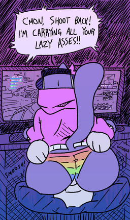 anthro big_butt butt clothing dialogue facesitting fur gaming grey_body grey_fur multicolored_clothing multicolored_underwear playing_video_game rainbow_clothing rainbow_underwear sitting_on_another speech_bubble text underwear qoolbunart nyan_cat_(copyright) nyan_cat nyan_cat_(qoolguyart) domestic_cat felid feline felis mammal 2020 english_text hi_res meme