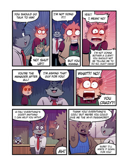 7_panel_comic accessory anthro apron armpit_hair blue_blush blue_clothing blue_shirt blue_topwear blush body_hair boss_and_employee bottomwear brown_body brown_fur clothed clothing clutching counter dialogue eye_contact eyes_closed full-face_blush fur gesture grey_body grey_fur group hand_behind_head hand_gesture head_horn hiding_behind_object horn inside kind logo_on_clothing long_ears looking_at_another male name_tag necktie nervous open_mouth open_smile pants piercing raised_arm red_necktie reluctant shirt shocked smile speech_bubble tail tan_body tan_fur tank_top text tongue tongue_piercing topwear trio uniform wide_eyed t0l0k brandon_(t0l0k) ivan_(t0l0k) miguel_(t0l0k) bison bovid bovine herpestid lagomorph leporid mammal meerkat rabbit comic english_text hi_res multiple_scenes