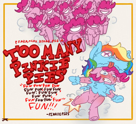 ambiguous_gender anthro black_text blue_eyes blush clenched_teeth clothing costume feral fur group hooves mane movie_poster pink_body pink_fur pink_mane red_blush red_text running teeth text unguligrade tryptchthonic friendship_is_magic hasbro hundreds_of_beavers my_little_pony pinkie_pie_(mlp) rainbow_dash_(mlp) earth_pony equid equine horse mammal pony 2026 character_name crossover digital_drawing_(artwork) digital_media_(artwork) flat_colors