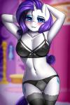 2018 2:3 absurd_res anthro anthrofied blue_eyeshadow bra breasts clothing cutie_mark digital_media_(artwork) equid equine eyeshadow female friendship_is_magic hair hands_behind_head hasbro hi_res horn legwear long_hair looking_at_viewer makeup mammal medium_breasts my_little_pony mythological_creature mythological_equine mythology navel nipple_outline panties rarity_(mlp) solo stockings thigh_highs twistedscarlett60 underwear unicorn