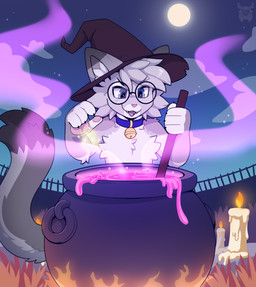 anthro bell bell_collar blue_collar blue_eyes bubbling candle cauldron claws clothed clothing cloud collar dipstick_ears dipstick_fingers dipstick_tail ear_markings eyewear femboy fire full_moon fur glasses gold_bell grey_body hair hat hat_only headgear headgear_only headwear headwear_only holidays magic magic_user male markings moon mostly_nude mostly_nude_anthro mostly_nude_male multicolored_ears night open_mouth outside pawpads paws pink_nose plant potion round_glasses sky smile smirk solo steam tail tail_markings teeth tongue witch witch_costume witch_hat fleurfurr halloween nixuelle domestic_cat egyptian_mau felid feline felis mammal 2025 digital_media_(artwork) hi_res