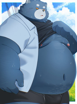 anthro belly big_belly bodily_fluids bottomwear bulge clothed clothing kemono male moobs nipples open_clothing open_shirt open_topwear outside overweight overweight_male shirt shorts solo sweat topwear trail_arnak domestic_cat felid feline felis mammal 2026 absurd_res hi_res