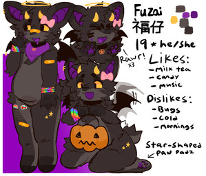 ambiguous_gender anthro bandage beaded_jewelry beads belly black_body black_fur bow_ribbon ear_piercing ear_ring eye_bags fur halo holidays horn jewelry kandi_(jewelry) kerchief necklace pentagram_necklace piercing rawr ring_piercing scar self-harm_scars stickers_on_body text trick-or-treating x3 yellow_eyes floofykofi halloween fuzai_(cozmofps) bat mammal chinese_text english_text hi_res model_sheet