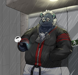 anthro biped black_nose cellphone clothed clothing electronics humanoid_hands kemono male outside overweight overweight_male phone raining smartphone solo moonwhitetiger bear mammal 2021 hi_res