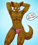 abs abstract_background american_flag anthro athletic athletic_anthro athletic_male blush bodily_fluids brown_body brown_fur brown_hair bulge clothed clothing dialogue flag flag_print flag_speedo flag_swimwear fluffy fluffy_tail fur hair hands_behind_head male muscular muscular_anthro muscular_male muscular_thighs orange_eyes pecs simple_background skimpy solo speedo speedo_only standing sweat sweatdrop swimwear tail text topless united_states_of_america sssonic2 nick_grant_(footfoxxy) canid canine canis domestic_dog mammal 2022 digital_drawing_(artwork) digital_media_(artwork) english_text hi_res