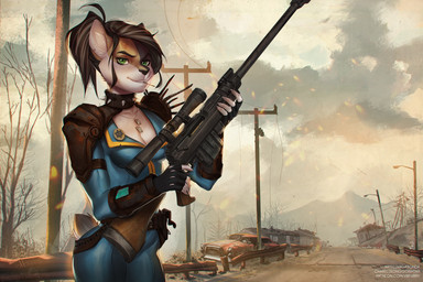 anthro armor biped breasts cleavage clothed clothing cloud dog_tags ear_piercing female fingerless_gloves gloves green_eyes gun half-closed_eyes handwear looking_at_viewer medium_breasts narrowed_eyes outside piercing ranged_weapon rifle scope skinsuit smile sniper sniper_rifle solo standing teeth tight_clothing unzipped weapon zipper vagabondbastard fallout microsoft jessica_cross felid mammal