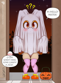 anthro bedding blanket blush butt butt_from_the_front clothing confusion costume dialogue door doorway female food footwear fruit fur genitals gesture ghost_costume halloween_bucket halloween_costume hand_gesture holidays legwear loli long_ears looking_at_viewer night open_mouth orange_body orange_eyes orange_fur outside patreon_logo patreon_username plant pumpkin question_mark shoes solo speech_bubble standing star stockings text vulva young young_anthro young_female ultama_lokshar halloween patreon sega sonic_the_hedgehog_(series) cream_the_rabbit lagomorph leporid mammal rabbit alternate_version_at_paywall better_version_at_paywall hi_res signature url