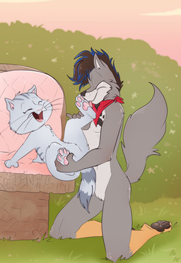 anthro biped black_hair black_markings black_nose blue_highlights cheek_tuft countershade_face countershade_fur countershade_torso countershading day duo eyes_closed facial_tuft featureless_crotch feet female foot_fetish foot_lick foot_play fur grey_body grey_fur hair highlights_(coloring) holding_leg kerchief kerchief_only kneeling laugh licking male markings mostly_nude multicolored_body neckerchief neckerchief_only neckwear nude open_mouth outside pawpads ring_(marking) ringed_tail short_hair striped_markings striped_tail stripes tail tail_markings tickling tickling_feet tongue tuft two_tone_body whiskers white_body white_countershading young young_anthro young_female fuf timothy_goes_to_school marcus_hunter yoko_(tgts) canid canine canis domestic_cat felid feline felis mammal wolf 2019 hi_res