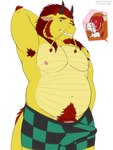 anthro barbel_(anatomy) beard biped bodily_fluids bulge cutaway duo facial_hair fur goatee hair horn male mutton_chops navel nervous orange_hair pubes red_beard red_body red_facial_hair red_fur red_hair red_pubes simple_background slightly_chubby slightly_chubby_anthro slightly_chubby_male smile sweat tail tenting white_background white_body white_fur yellow_body yellow_fur rustymiko asian_mythology east_asian_mythology mythology dragon eastern_dragon mythological_creature mythological_scalie scalie 2022 3:4 digital_media_(artwork) hi_res