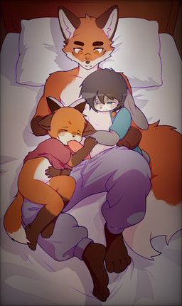 accessory adult_on_young age_difference anthro bed biped black_hair black_markings black_nose bodily_fluids bottomless bottomless_female bottomwear bottomwear_down bow_ribbon clothed clothing collar countershade_face countershade_fur countershade_torso countershading dipstick_tail erection eyebrows eyes_closed female floppy_ears fluffy fluffy_tail fur furniture genitals gloves_(marking) grey_body grey_fur group hair hair_accessory hair_bow hair_ribbon heart_pupils heart_symbol high-angle_view inside larger_male leg_markings looking_at_another looking_at_partner lop_ears lying lying_on_bed male male/female markings multicolored_body multicolored_fur older_male on_back on_bed on_side pants pants_down partially_clothed penis penis_in_mouth penis_nursing red_body red_fur ribbons saliva saliva_on_penis scut_tail short_hair short_tail size_difference sleeping smaller_female socks_(marking) tail tail_markings trio two_tone_body two_tone_fur white_body white_countershading white_fur white_markings young young_anthro young_female younger_female lollipounce canid canine fox lagomorph leporid mammal rabbit 2026 absurd_res hi_res daughter_(lore) father_(lore) father_and_child_(lore) father_and_daughter_(lore) incest_(lore) parent_(lore) parent_and_child_(lore) parent_and_daughter_(lore)