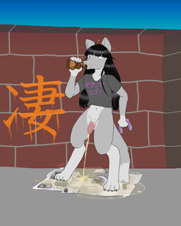 alcohol anthro beer beer_bottle beverage black_hair black_nose bodily_fluids bottle bottomless bottomwear brick_wall bubble clothed clothing container drinking drinking_beer drunk drunk_bubble fur genital_fluids genitals graffiti grey_body grey_clothing grey_fur grey_shirt grey_topwear hair holding_clothing holding_object holding_panties holding_underwear humanoid_genitalia humanoid_penis katakana male male_peeing narrowed_eyes newspaper panties paper pattern_bottomwear pattern_clothing pattern_panties pattern_underwear peeing penis purple_eyes shirt sky solo striped_bottomwear striped_clothing striped_panties striped_underwear stripes substance_intoxication text topwear underwear urine urine_on_ground urine_pool wall_(structure) raveneevee matija canid canine canis mammal wolf 4:5 absurd_res digital_media_(artwork) hi_res japanese_text partially_translated translation_check translation_request