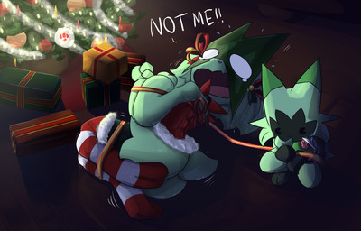 ambiguous_gender anthro bdsm black_eyes bondage bound butt christmas_clothing christmas_decorations christmas_tree clothed clothing dialogue duo female fur gift green_body green_fur holding_object holidays legwear open_mouth pie_cut_eyes plant ribbon_bondage ribbons scissors stockings tail text tree white_eyes klydewitakay christmas nintendo pokemon felid feline floragato generation_9_pokemon mammal meowscarada pokemon_(species) 2025 absurd_res digital_media_(artwork) english_text hi_res