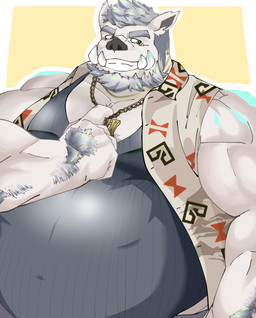 anthro arm_hair beard body_hair chain chain_jewelry clothed clothed_male clothing facial_hair gold_(metal) gold_jewelry jewelry male musclegut muscular muscular_male necklace overweight overweight_male smile solo tusks napantos lifewonders tokyo_afterschool_summoners y'golonac_(tas) mammal suid suine sus_(pig) wild_boar half-length_portrait hi_res portrait