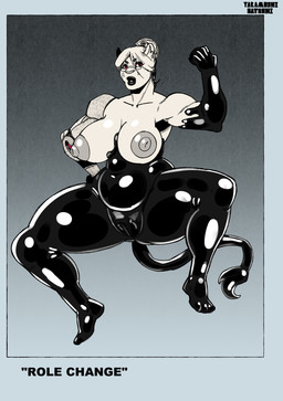 anthro big_breasts breasts crossgender female genitals latex latex_transformation liquid_latex plump_labia robotic_arm romashka_(yaramoshi_satoshi) solo transformation vulva wide_hips yaramoshi_satoshi felid lion mammal pantherine absurd_res hi_res