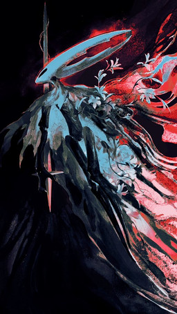 2_horns ambiguous_gender biped black_body black_eyes clothing empty_eyes flower holding_melee_weapon holding_object holding_weapon horn melee_weapon plant solo weapon white_flower delusion_lepton hollow_knight_(franchise) team_cherry hollow_knight_(character) arthropod vessel_(species) 2025 9:16