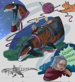 ambiguous_gender ball_of_yarn bedding blanket claws cold cough crown duo eyes_closed feather_growth feathers female feral fur group growth headgear heart_symbol iconography ill open_mouth orange_body orange_fur riding scales scarf scientific_instrument sewing_needle shawl size_difference speech_bubble text thermometer trio winter yarn abigaildx1 princess_(abigaildx1) allosauroid dinosaur domestic_cat felid feline felis human mammal meraxes_(dinosaur) prehistoric_species reptile saurischian scalie theropod english_text hi_res signature