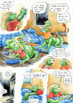 10_legs 3_toes 4_fingers abstract_background amused baby back_groove barefoot bedding big_hands blanket blonde_hair bottomless bottomwear building carpet claws clothed clothing computer container cup day desk dialogue dice door dot_eyes dressing earless electronics eyes_closed feet female fingers floor forest furgonomic_bottomwear furgonomic_topwear furgonomics furniture furniture_lamp glass glass_container glass_cup glass_window green_body grin group hair holding_another holding_child holding_clothing holding_object house inside laptop light long_hair looking_aside looking_at_another looking_down looking_up lying male moon moonlight multi_leg multi_limb night notes on_another on_front open_mouth orange_clothing orange_eyes orange_shirt orange_t-shirt orange_topwear outside paper paws pencil_(object) pillow plant raised_arms red_clothing red_shirt red_t-shirt red_topwear sharp_teeth shirt short_hair simple_background simple_eyes sitting sky sleeping smile snout speech_bubble standing star starry_sky straight_hair t-shirt table tail tapering_tail taur_ride teeth text thick_tail toes tongue topwear toy tree walking walkway wall_(structure) wall_socket white_background white_clothing white_topwear window woken_up wood wood_floor yelling_at_another yellow_claws young young_female young_male young_taur cervelet crystal_(growing_troubles) james_(growing_troubles) lazuli_(growing_troubles) liz_(growing_troubles) miles_(growing_troubles) zil_(growing_troubles) zillie_(growing_troubles) lizard lizard_taur long_taur reptile reptile_taur scalie scalie_taur taur 2018 absurd_res comic english_text handwritten_text hi_res multiple_scenes painting_(artwork) shaded signature traditional_media_(artwork) traditional_painting_(artwork) traditional_watercolor_(artwork) watercolor_(artwork) brother_(lore) brother_and_sister_(lore) daughter_(lore) mother_(lore) mother_and_child_(lore) mother_and_daughter_(lore) mother_and_son_(lore) parent_(lore) parent_and_child_(lore) parent_and_daughter_(lore) parent_and_son_(lore) sibling_(lore) sister_(lore) sisters_(lore) son_(lore)