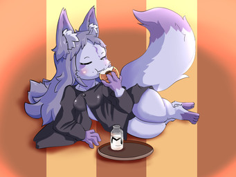 anthro bottle bread breasts clothed clothing container digitigrade eating eyes_closed female food fur hair holding_bottle holding_container holding_food holding_object inner_ear_fluff long_hair lying milk milk_bottle milk_container on_side oversized_clothing oversized_shirt oversized_topwear panties pattern_background paws platter purple_body purple_fur purple_hair shirt simple_background solo striped_background thick_thighs topwear tuft underwear mohurin wazawai_kitsune_no_kuzure-chan kuzure-chan canid canine fox mammal 4:3 hi_res