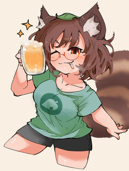 alcohol beer beer_mug beverage black_bottomwear black_clothing black_shorts blush bottomwear brown_hair brown_tail cigarette cigarette_in_mouth clothing container cup eyewear female glasses green_clothing green_shirt green_t-shirt green_topwear hair holding_beer_mug holding_container holding_cup holding_mug holding_object inner_ear_fluff leaf leaf_on_head looking_at_viewer mug object_in_mouth one_eye_closed pince-nez shirt shorts simple_background smile smiling_at_viewer smoking smoking_cigarette solo sparkles t-shirt tail tanuki_leaf topwear tuft wearing_glasses white_background wink winking_at_viewer yoshiyuki_(14330975) touhou mamizou_futatsuiwa animal_humanoid canid canid_humanoid canine canine_humanoid humanoid mammal mammal_humanoid tanuki_humanoid 3:4 hi_res