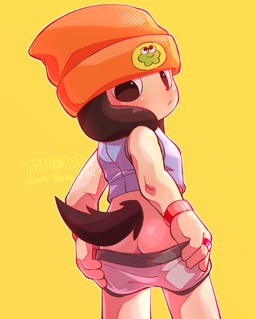 adolescent anthro beanie blush briefs brown_ears brown_tail butt chibi clothed clothing fur hat headgear headwear male male_anthro orange_clothing orange_hat orange_headwear partially_clothed shirt simple_background solo tail tan_body tan_fur tank_top teasing topwear underwear underwear_down white_briefs white_clothing white_underwear wristband yellow_background young young_anthro young_male whitill_fluffy parappa_the_rapper sony_corporation sony_interactive_entertainment canid canine canis domestic_dog mammal hi_res watermark