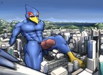 anthro balls blue_body blue_fur bodily_fluids building city corneria destruction fur genital_fluids genitals macro male male_anthro mountain non-mammal_balls nude penis precum sky solo street worship wootenstien nintendo star_fox falco_lombardi avian bird 2020 hi_res