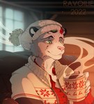 5_fingers anthro beverage black_spots breasts clothed clothing detailed_background female fingers fur green_eyes grey_body grey_fur markings smile solo spots spotted_body spotted_fur ravoilie felid mammal pantherine snow_leopard 2022 digital_media_(artwork)