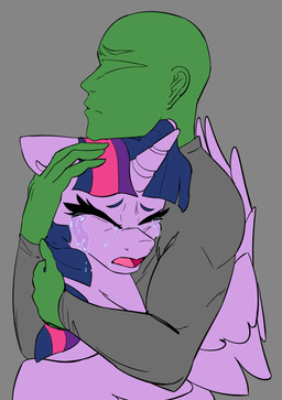bald blue_mane bodily_fluids comforting crying duo eyes_closed feathered_wings feathers female feral fur green_body green_skin grey_background horn hug long_mane long_sleeve_shirt magenta_mane male male/female mane multicolored_mane purple_body purple_fur purple_mane simple_background tears unicorn_horn using_wings wing_hug wings 2hrnap friendship_is_magic hasbro my_little_pony mythology anon twilight_sparkle_(mlp) equid equine human mammal mythological_creature mythological_equine winged_unicorn 2024 absurd_res digital_drawing_(artwork) digital_media_(artwork) hi_res