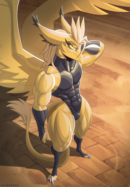 back_wings beak blonde_hair bulge claws clothing dust dust_cloud ear_tuft eyelashes gloves hair hand_behind_head handwear high_collar inner_ear_fluff legwear leotard long_eyelashes long_hair long_tail male muscular muscular_male pavement pupils raised_wings reflective_clothing sleeveless_clothing slit_pupils smile smiling_at_viewer solo standing stockings tail tail_tuft tuft wings yellow_beak yellow_eyes hiverdose mythology avian gryphon mythological_avian mythological_creature digital_media_(artwork) full-length_portrait hi_res portrait