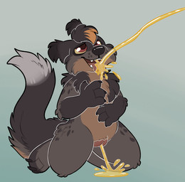 animal_genitalia anthro bodily_fluids dipstick_tail drinking drinking_urine female genital_fluids genitals hair markings nude open_mouth peeing smile solo tail tail_markings tongue tongue_out urine urine_in_mouth urine_on_tongue urine_stream vulva watersports kaiizree korwin binturong mammal viverrid absurd_res hi_res