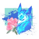 blue_body blue_fur ears_up flower fur fur_markings ink_splatter looking_forward male markings pink_flower plant purple_eyes solo dust_wind canid canine canis mammal wolf 1:1 hi_res