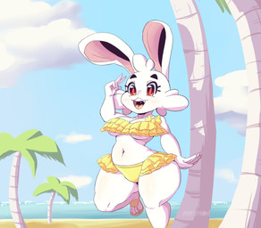 anthro beach bottom_heavy breasts cheek_tuft clothing cloud eyelashes facial_tuft female footwear front_view fur head_tuft medium_breasts navel open_mouth palm_tree plant red_eyes sandals sea shoes sky slightly_chubby slightly_chubby_anthro slightly_chubby_female solo swimwear thick_thighs tree tuft two-piece_swimsuit under_boob water white_body white_fur wide_hips yellow_clothing yellow_swimwear amailemon amai_(amailemon) lagomorph leporid mammal rabbit hi_res