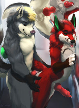 against_surface against_wall anal anal_penetration animal_genitalia animal_penis anthro anthro_on_anthro anthro_penetrated anthro_penetrating anthro_penetrating_anthro balls black_ears black_nose black_sclera blonde_hair blue_eyes bodily_fluids brown_nose butt butt_grab canine_genitalia canine_penis countershading cutaway dripping duo elevator fur genital_fluids genitals gloves_(marking) green_eyes green_inner_ear grey_body grey_fur hair hand_on_butt inside knot leaking_precum leaning_on_wall male male/male male_penetrated male_penetrating male_penetrating_male markings nude penetration penile penile_penetration penis penis_in_ass pink_tongue precum precum_drip red_body red_fur red_penis sex standing standing_sex tongue tongue_out white_balls white_body white_countershading kinsheph feger_(feger-jager) victor_johansen canid canine canis domestic_dog fox husky mammal nordic_sled_dog spitz 2024 digital_media_(artwork) hi_res signature